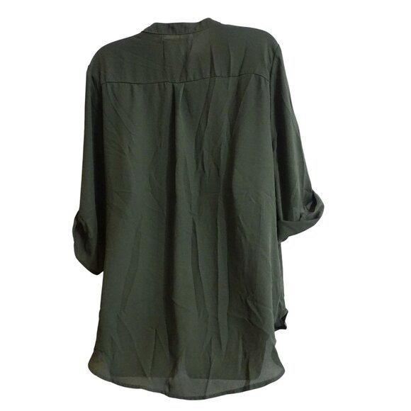 Wishful Park Green Popover Blouse Women Size XL Polyester Roll Tab Sleeve Pocket - Picture 4 of 10